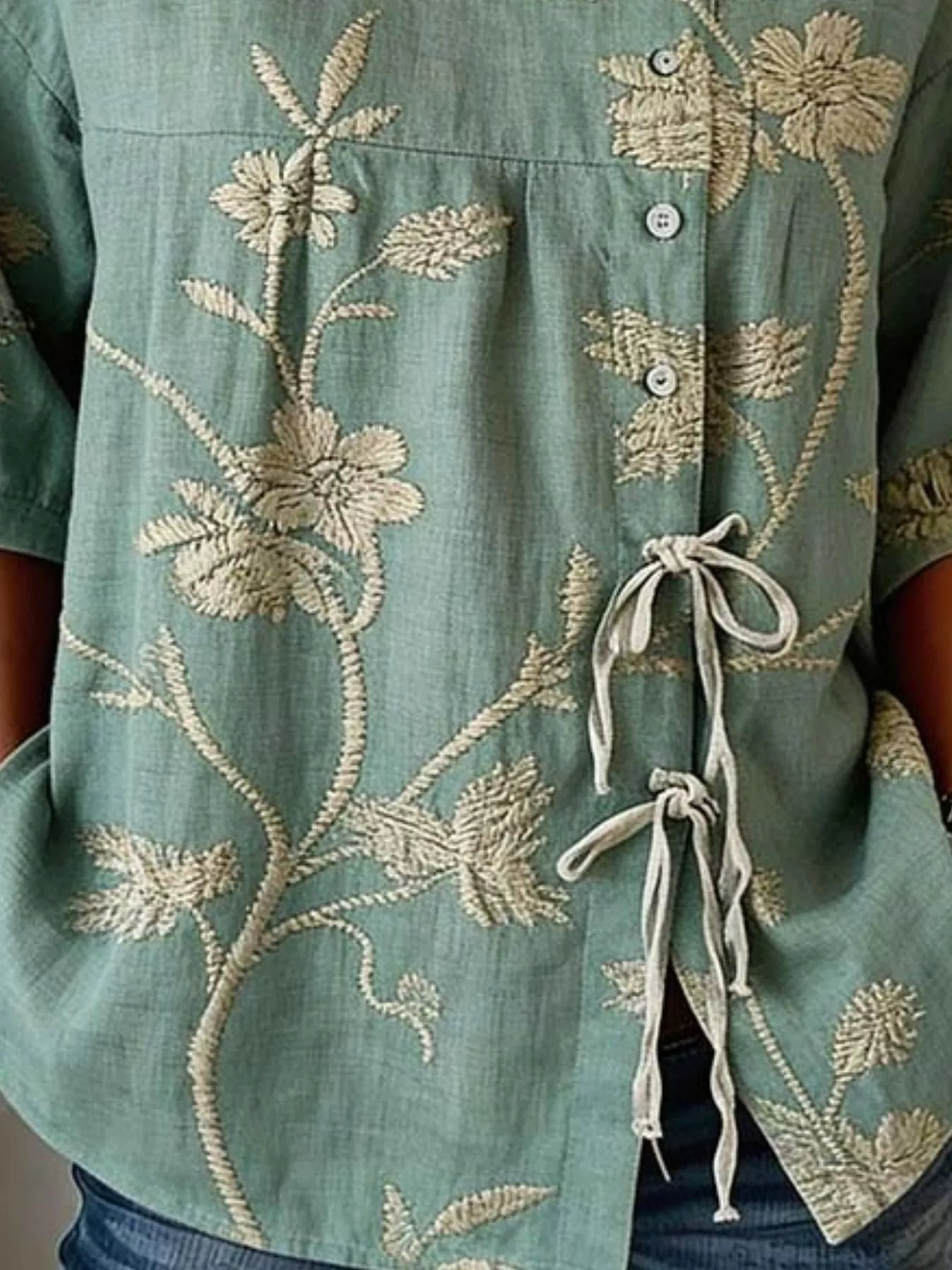 Full Size Embroidered Floral Tie Front Shirt Plus Size