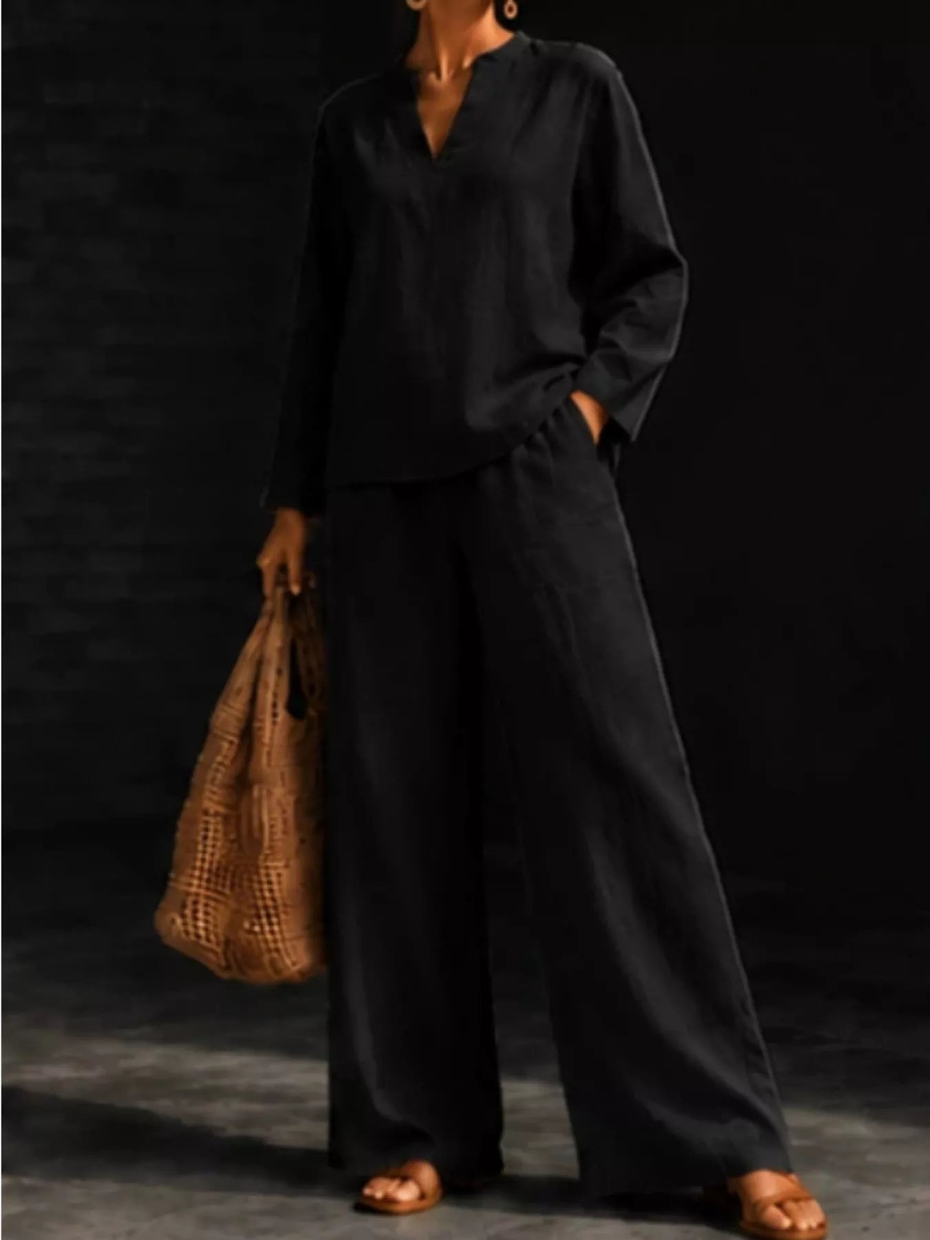 Notched Long Sleeve Top and Pants Set