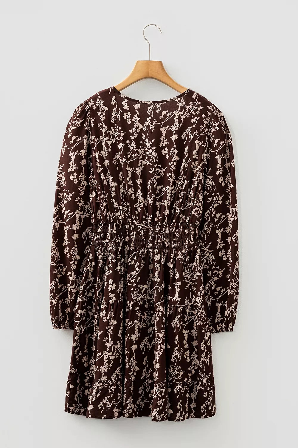 Ditsy Floral Print Split Neck Long Sleeve Shirred Waist Flared Mini Dress