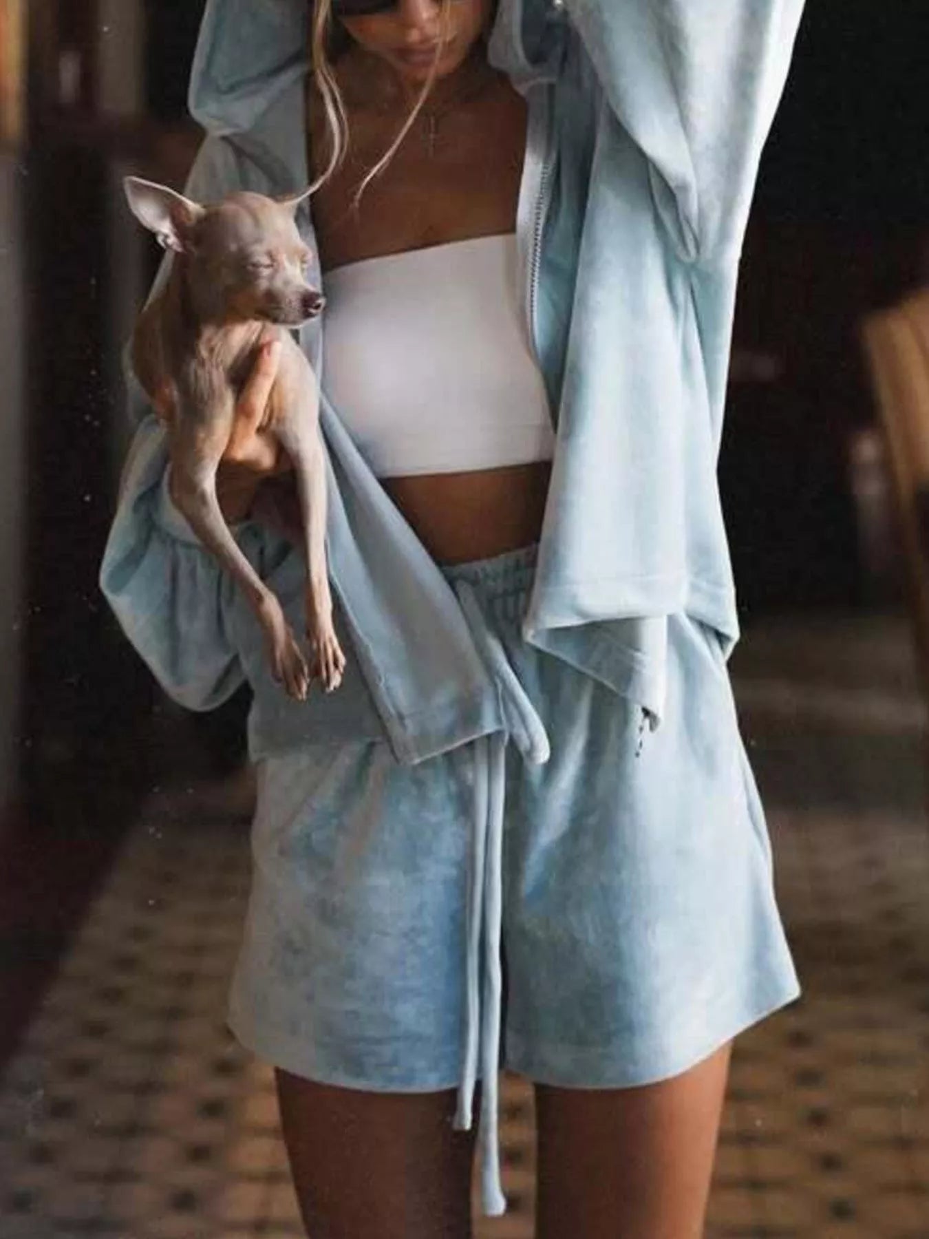 Zip Up Hooded Outerwear and Shorts Set