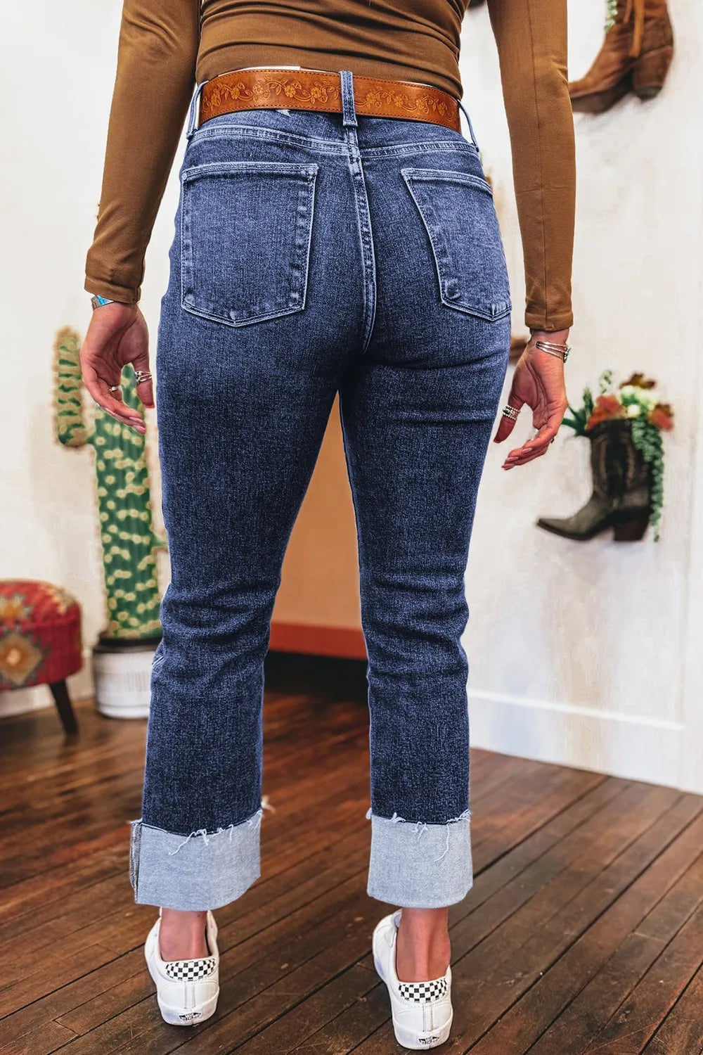 Folded Cuffs Distressed Straight High Waist Jeans