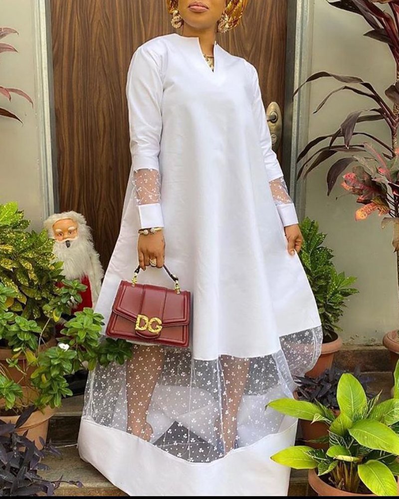 Women's Long-sleeved Hollow-out Collar Solid Color Dress
