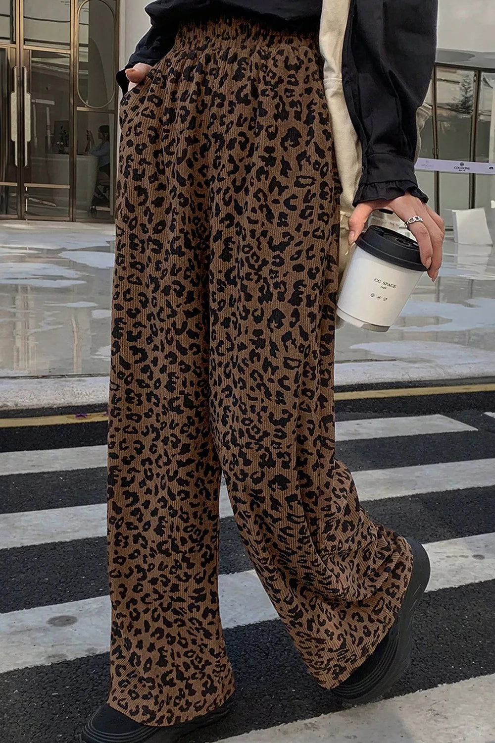 Leopard Print Elastic High Waist Loose Corduroy Pants