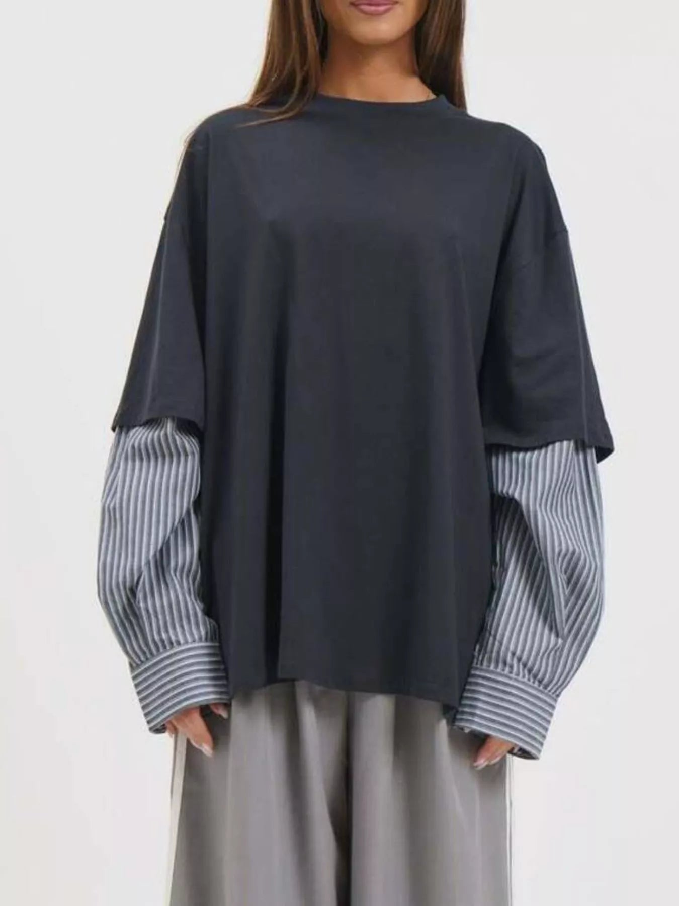 Oversized Layered-Look T-Shirt with Striped Sleeves