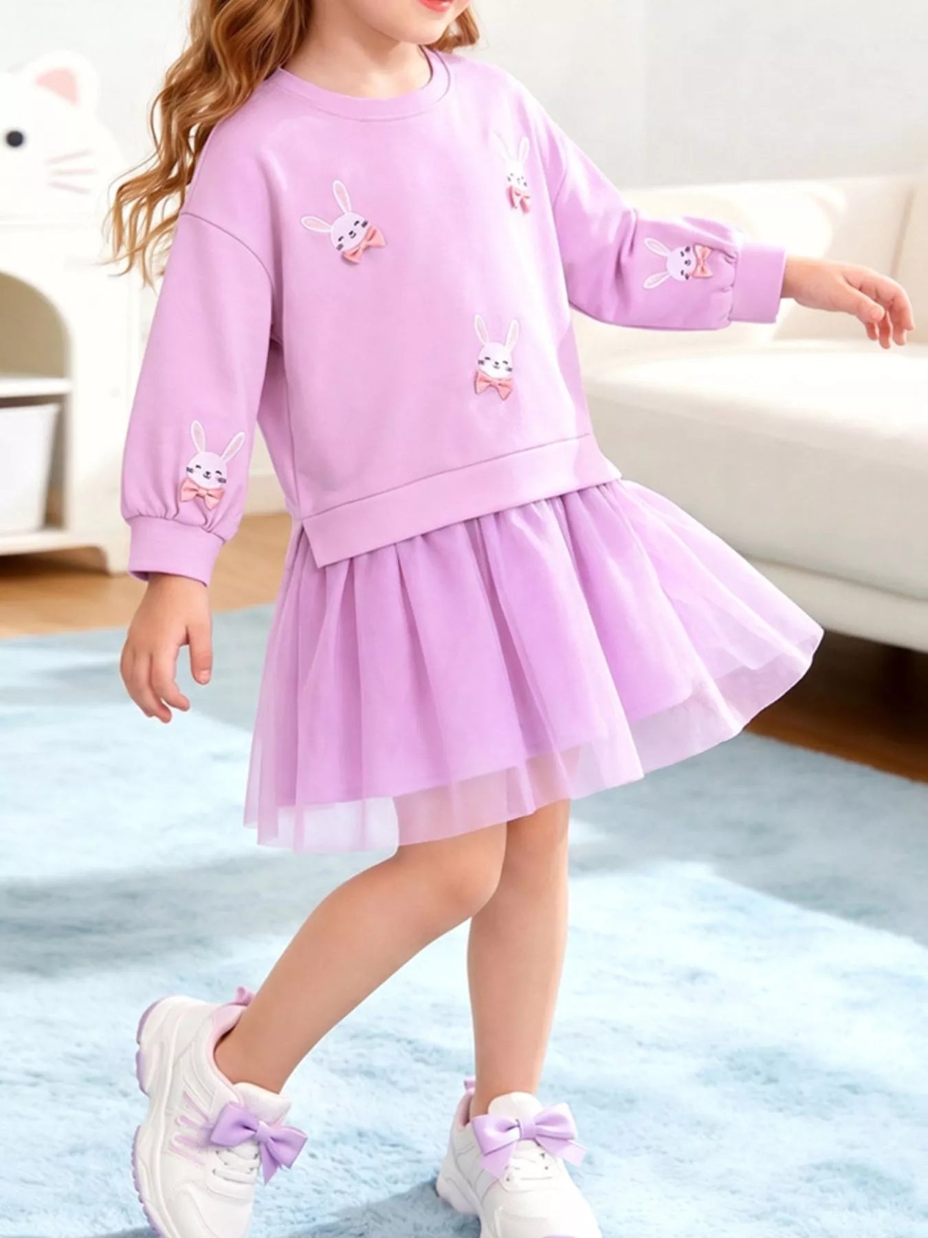 Children's Bunny Embroidered Sweatshirt Tulle Dress