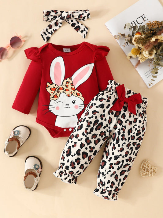 Children's Bunny Long Sleeve Bodysuit and Pants Set with Headscarf