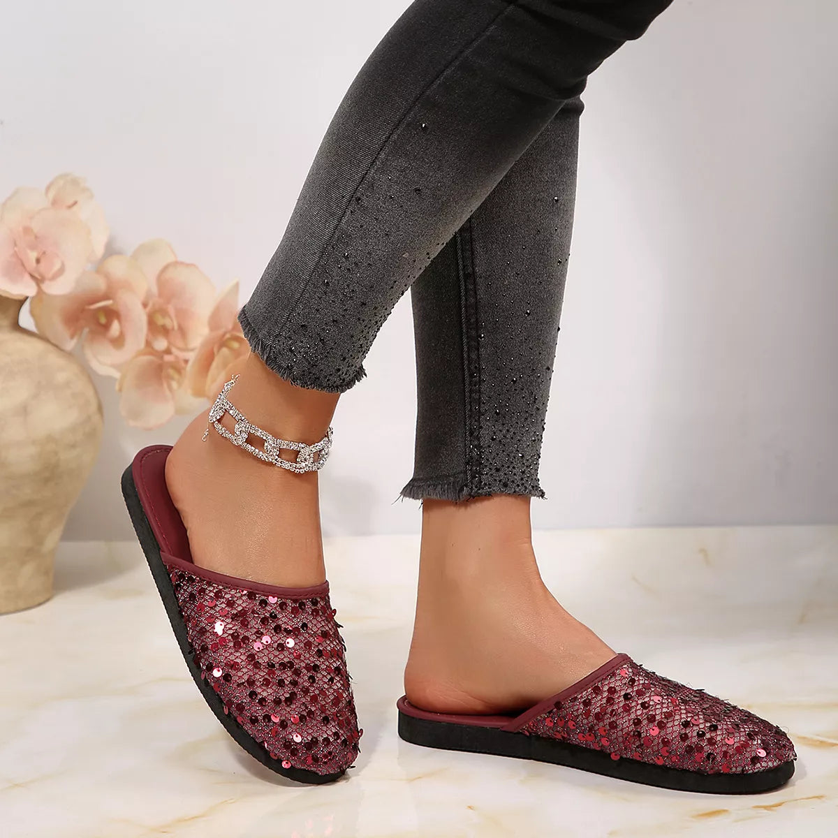 Round Toe Sequin Sandals