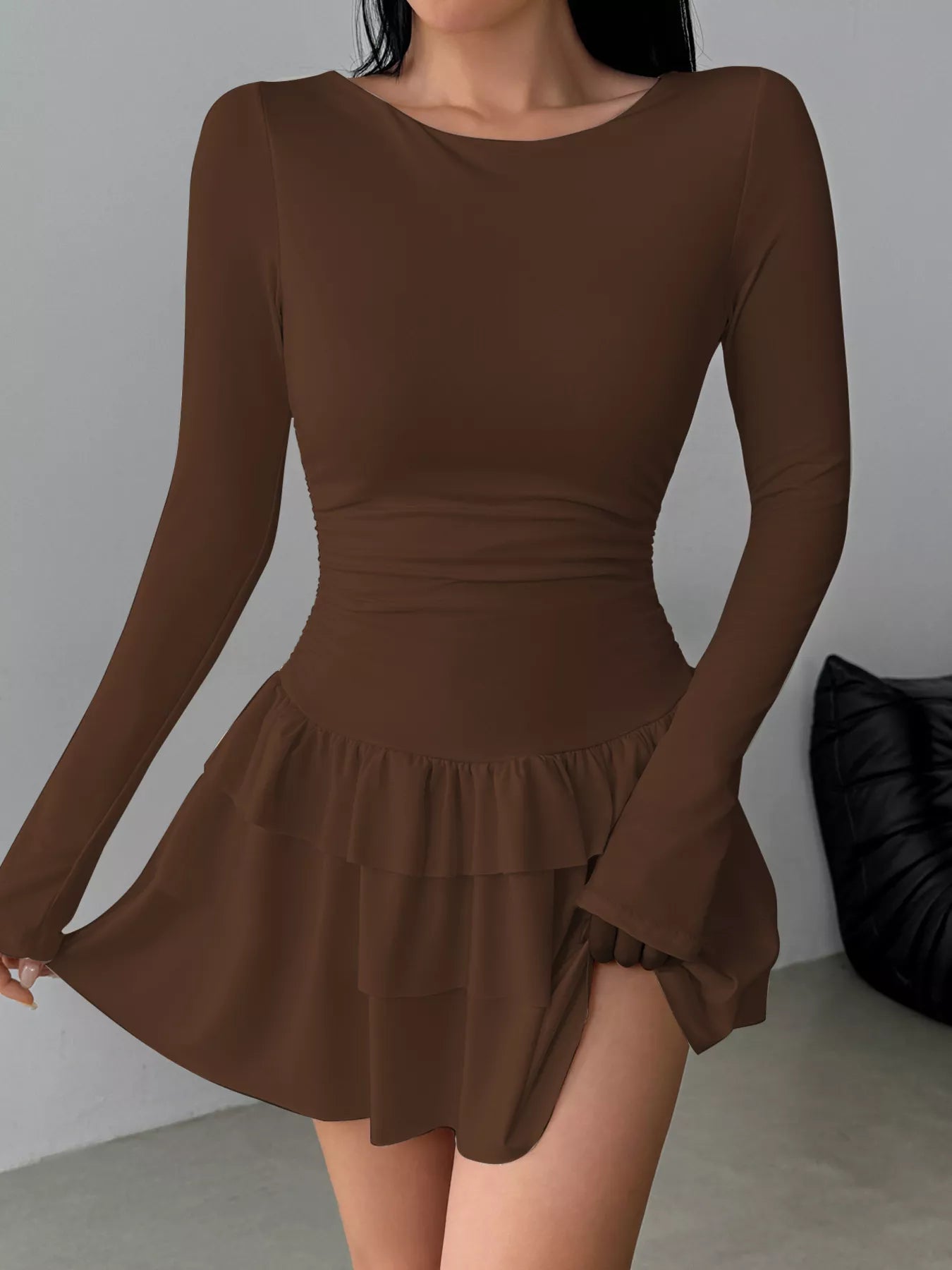 Ruched Long Sleeve Layered Ruffle Mini Dress