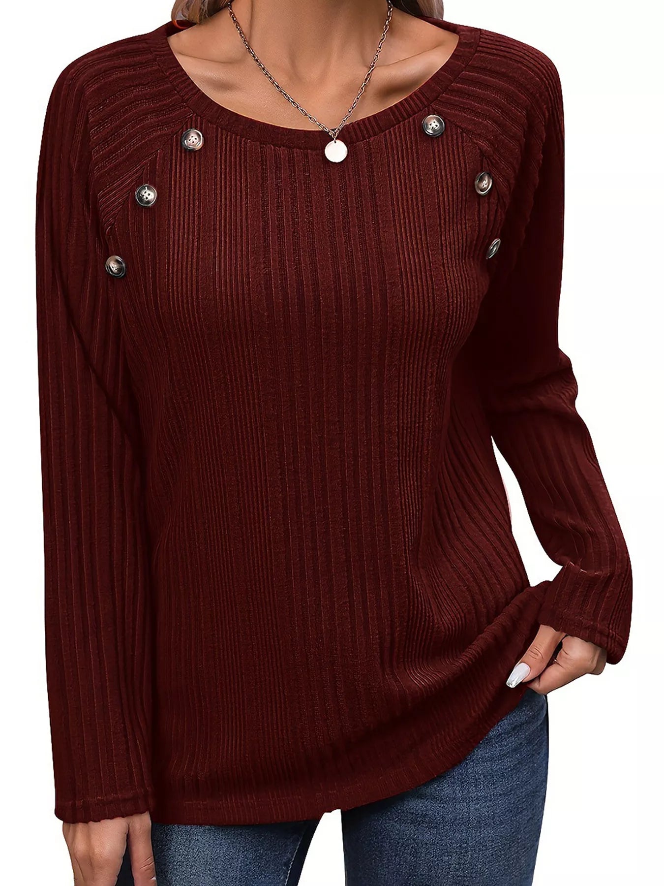 Ribbed Long Sleeve T-Shirt with Button Detail