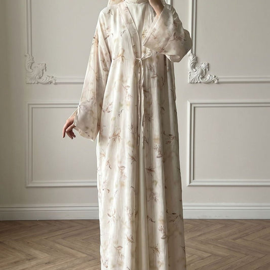 Floral Bird Print Satin Open Abaya(MOA322)