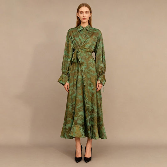 Floral Jacquard Wrap Dress | Collared Tie-Sleeve Maxi Dress(MS257)