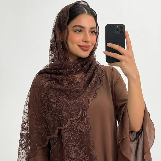 Floral Lace Embroidered Mesh Hijab(MH235)