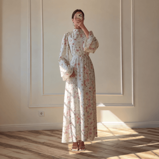Floral Print Flared-Sleeve Waist Belt Maxi Dress(MS482)