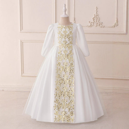 Girls Embroidered Princess Dress with Tulle Overlay(MKG022)