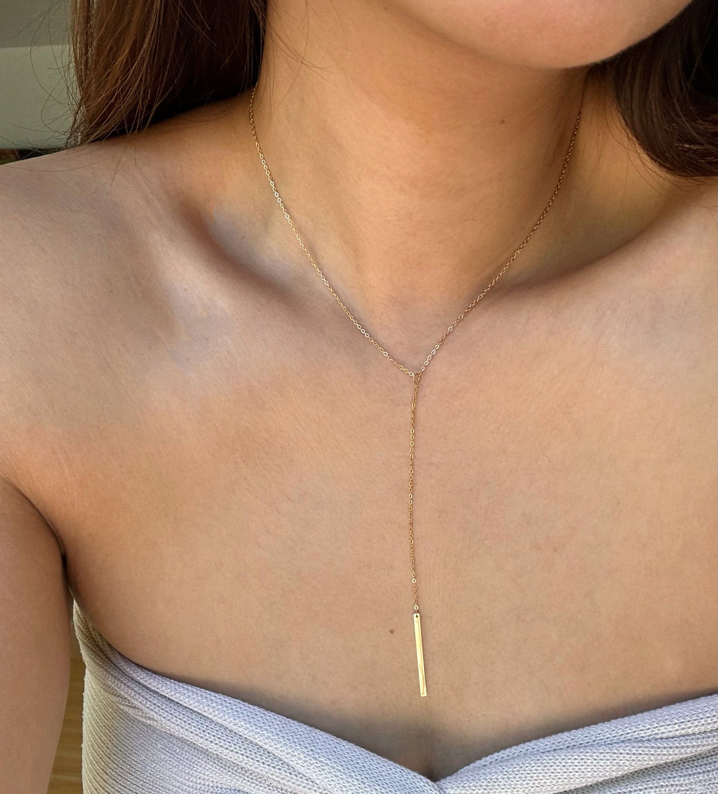 YVETTE GOLD Y LARIAT BAR CHAIN NECKLACE