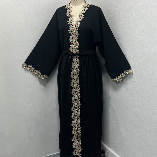 Gold Floral Embroidered Abaya (MOA296)