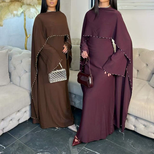 Hand-Beaded Pearl Cape Sleeve Nida Maxi Dress(MS439)