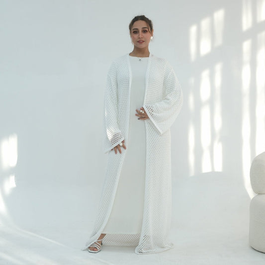 Hollow-Out Knit Open Abaya Cardigan with Waist Belt(MOA315)