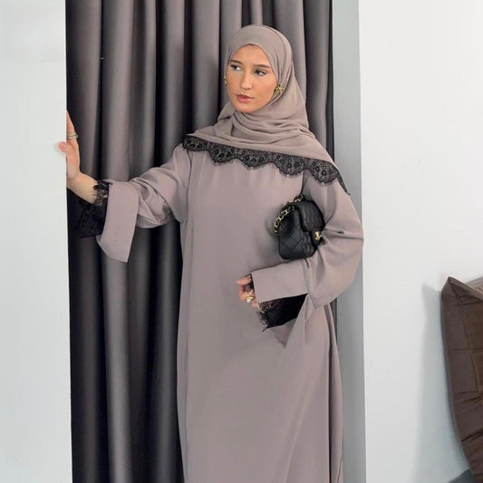 Lace Splice Nida Maxi Dress & Hijab Set(MA444)