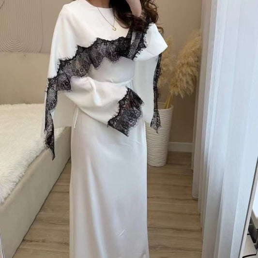Lace Splice Satin Maxi Dress with Fixed Cape(MS438)