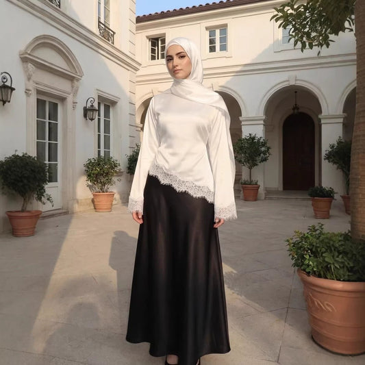 Lace Trim Contrast Panel Satin Top(MS407)
