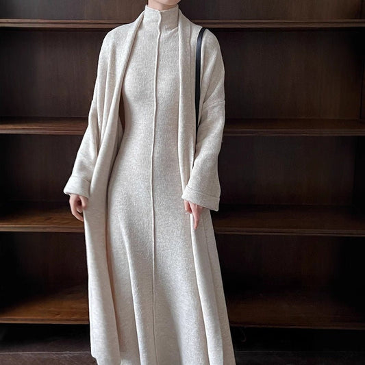 Long Knit Cardigan With Turtleneck Inner Dress For Autumn & Winter (MS177)