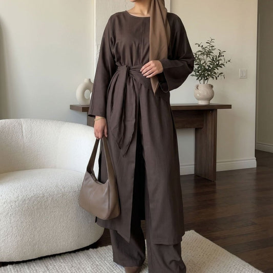 Long-Line Top, Wide-Leg Trousers & Triangle Scarf Three-Piece Co-ord Set(MS484)