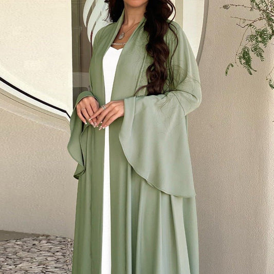 Lotus Leaf Sleeve Solid Soft Satin Open Front Abaya Dress | Lightweight Modest Abaya Cover(MOA220)