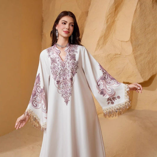 Luxe Embroidered Evening Abaya | Bell Sleeve Maxi Dress with Fringe Detail(MA338)