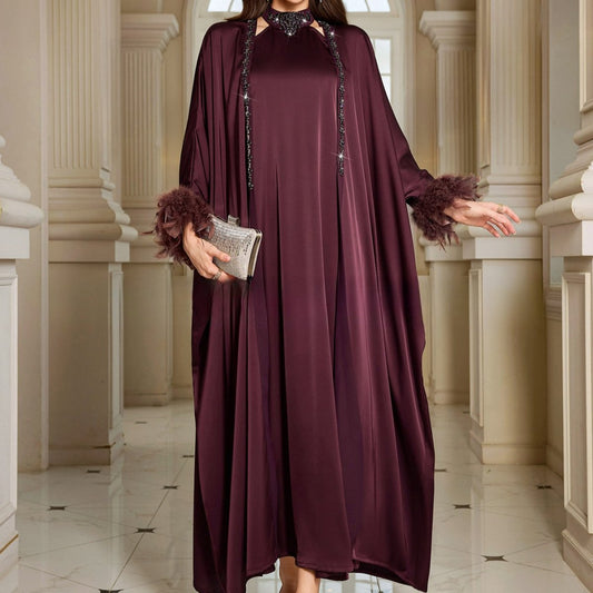 Luxe Satin Halter Dress & Feather Trim Cape Set(MOA250)