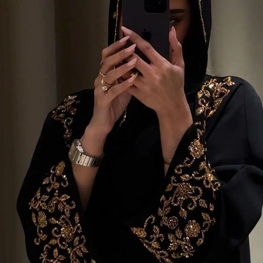 Luxury Black Embroidered Diamond Abaya Set (MOA184)