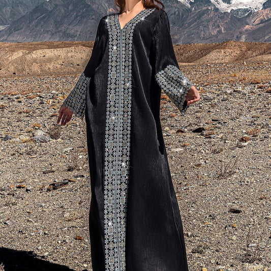 Luxury Crystal & Pearl Embellished Abaya | V-Neck Nida Crepe Maxi Dress(MA343)