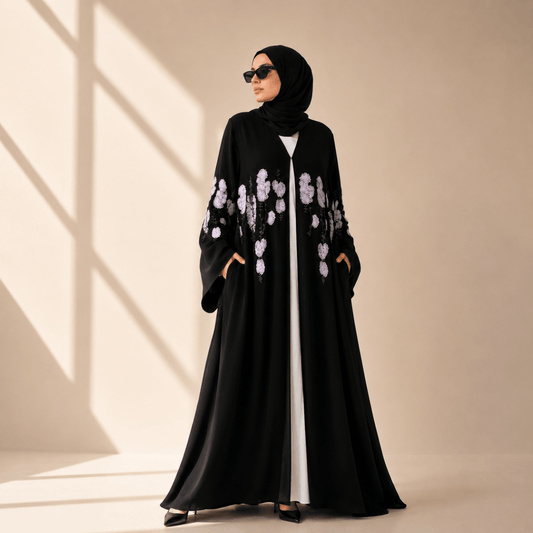 Luxury Floral Embroidered Double-Layer Chiffon Open Abaya(MOA308)