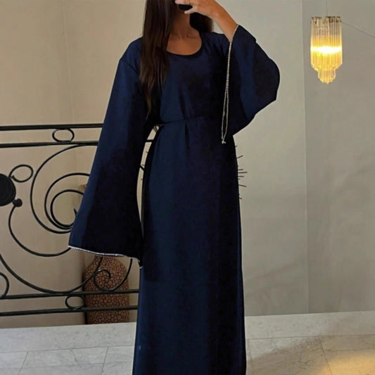 Luxury Loose Cuff Chain Abaya Dress - Modest Long Sleeve Elegant Robe with Silver Detailing(MA278)