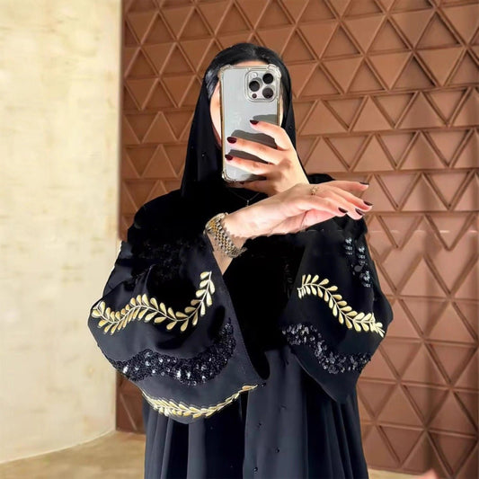 Luxury Muslim Golden Olive Abaya | Black Embroidered & Beaded Robe (MOA180)
