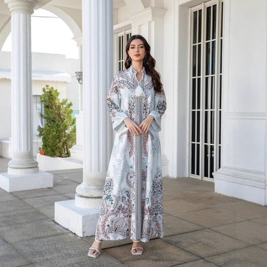 Luxury Pearl-Embellished Floral Beaded Muslim Robe Abaya with Bell Sleeves & Tassel Details (MA229)