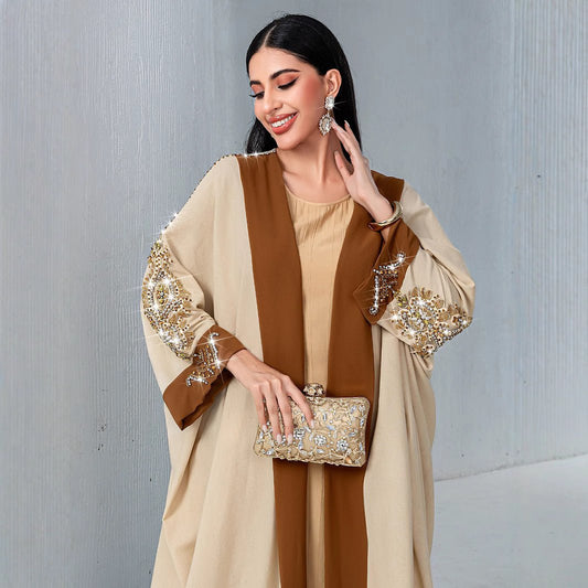 Luxury Rust Bead Muslim Wedding & Party Khaki Gold Embroidered Contrast Jacket Abaya(MOA158)