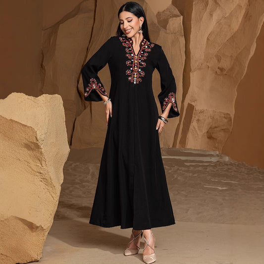 Luxury V-Neck Black & Gold Rice Bead Embroidered  Party & Wedding Abaya (MA187)