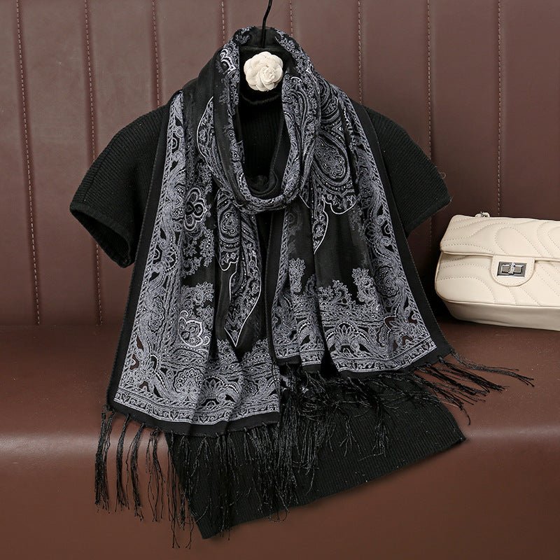 MH070 Fresh Floral Pattern With Tassels Polyester Hijab