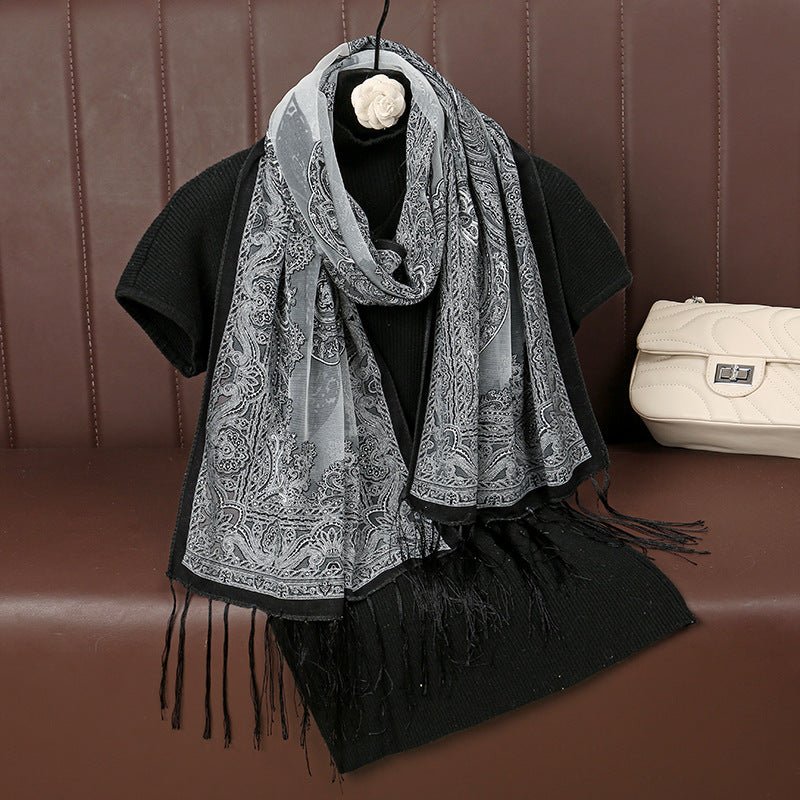 MH070 Fresh Floral Pattern With Tassels Polyester Hijab