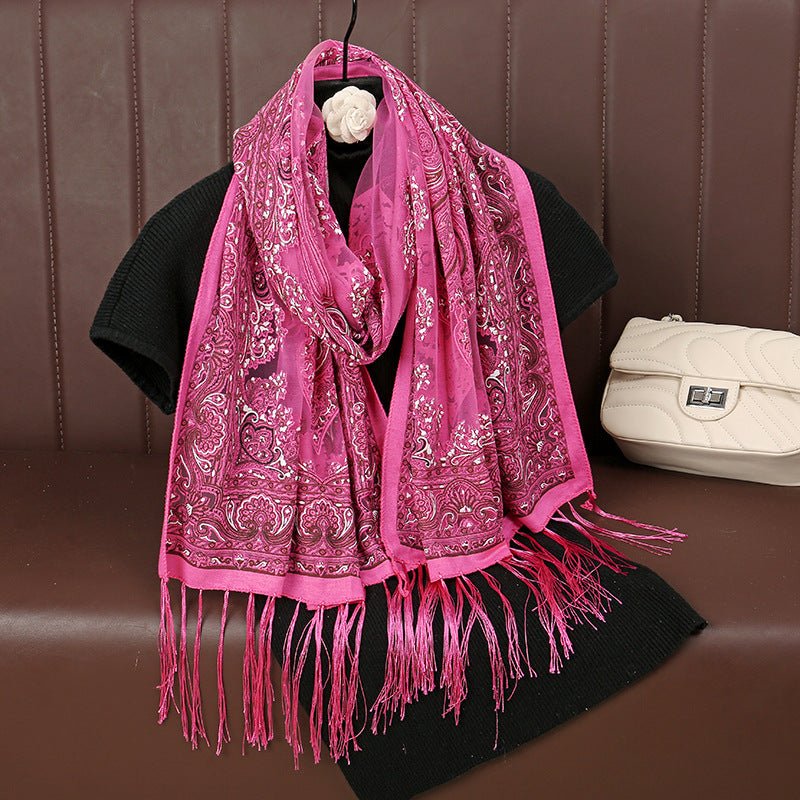 MH070 Fresh Floral Pattern With Tassels Polyester Hijab