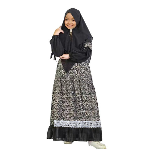 Girls Patchwork Floral Kid Abaya 2-Piece Set(MKG012)