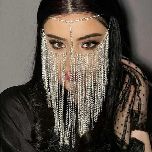 MAC054 Rhinestone Tassel Face Chain Mask - Bling Cover for Parties & Events