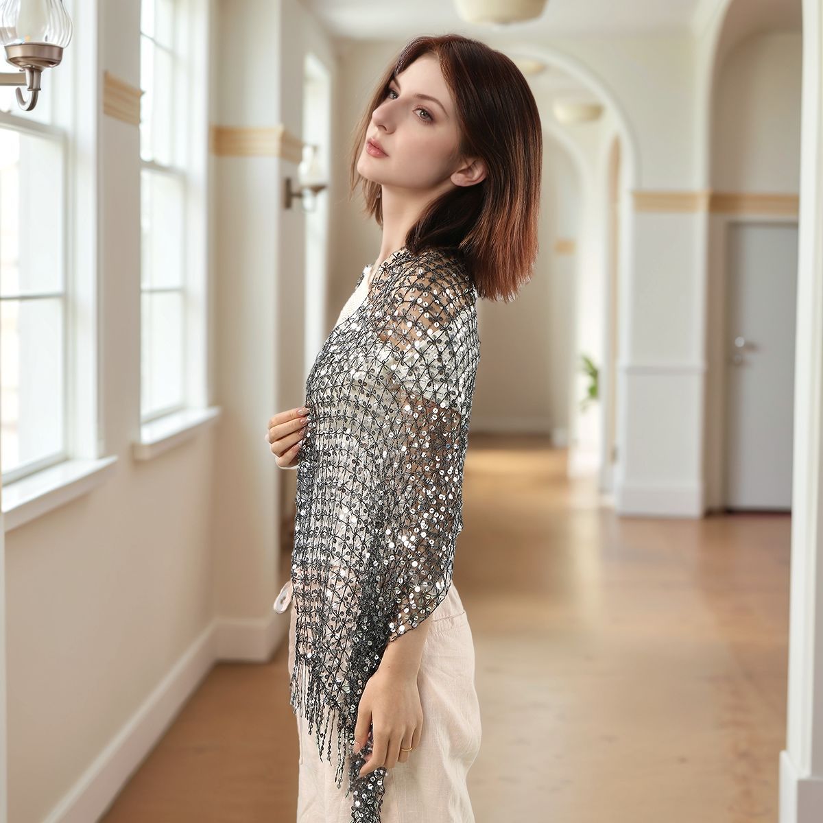 Sequin Mesh Shawl Hijab with Fringe(MH206)