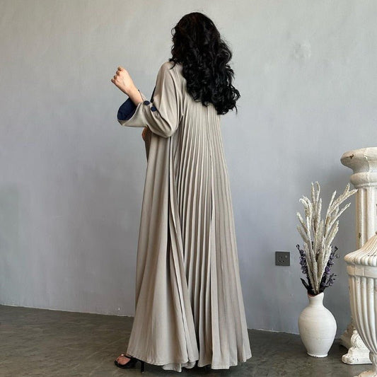 Autumn & Winter Long Dress with Open Front | Solid Color Pleated Abaya Cardigan (MOA218)