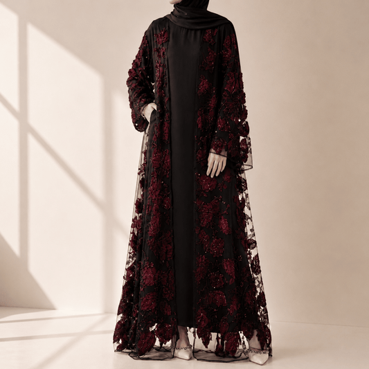 Luxury Couture 3D Floral Embellished Open Abaya(MOA300)
