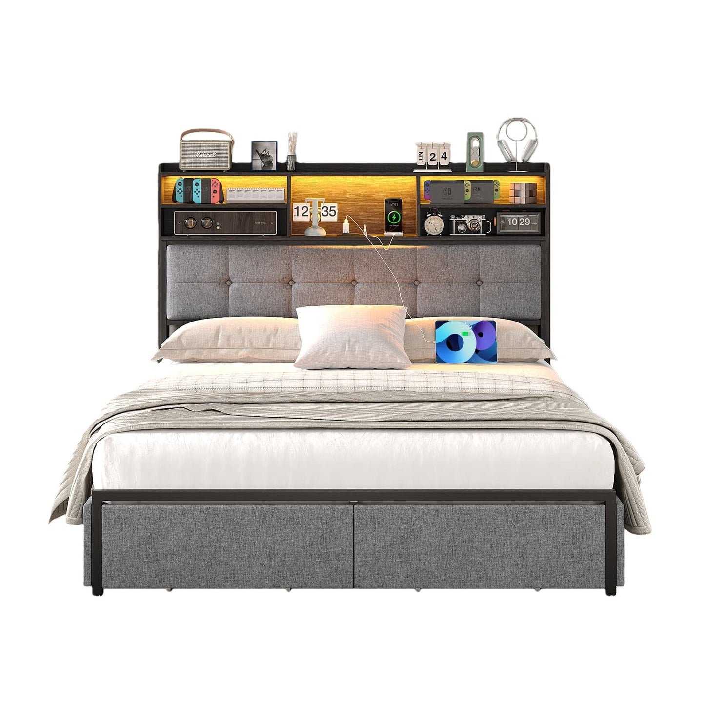 Full LED Bed Frame with LED, USB Charging, Storage Drawers, No Box Spring Needed - Vektaya