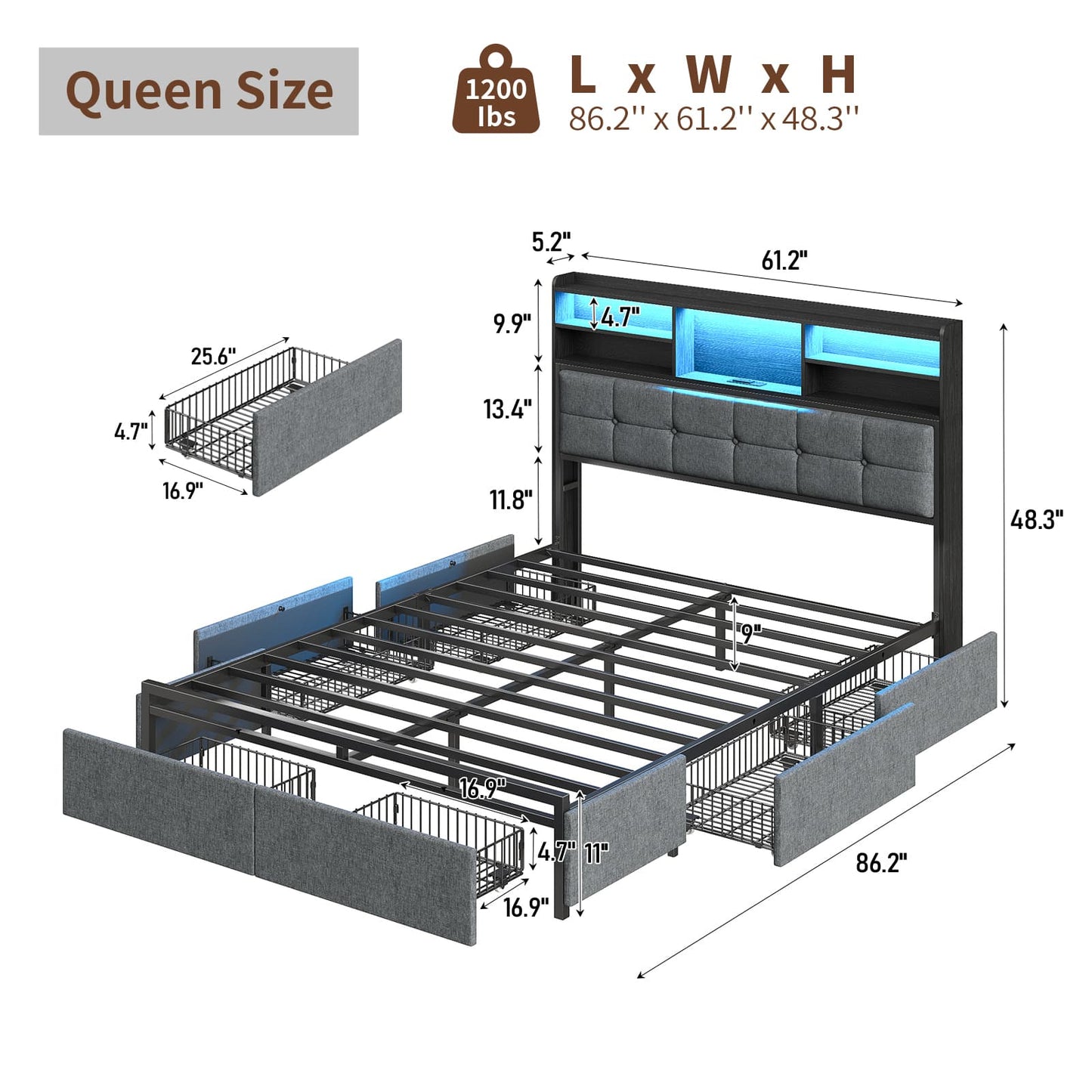 Full LED Bed Frame with LED, USB Charging, Storage Drawers, No Box Spring Needed - Vektaya