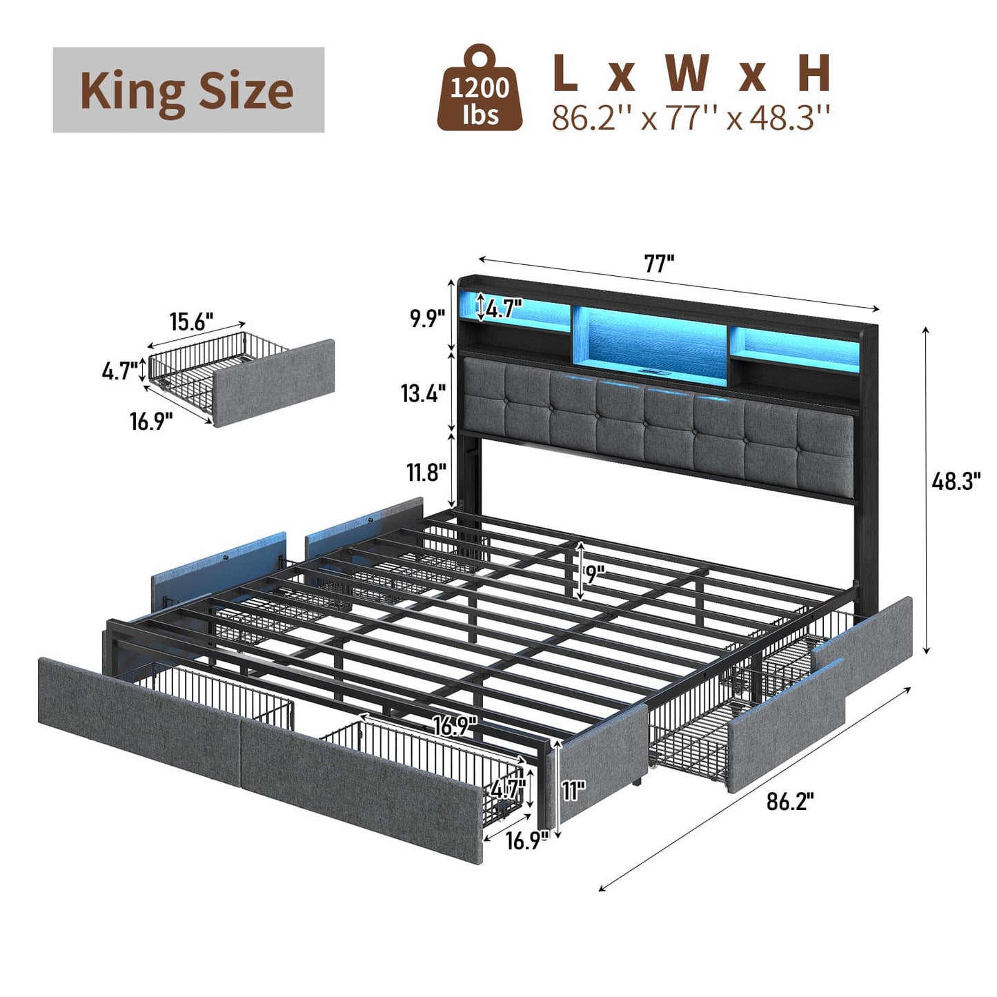 Full LED Bed Frame with LED, USB Charging, Storage Drawers, No Box Spring Needed - Vektaya