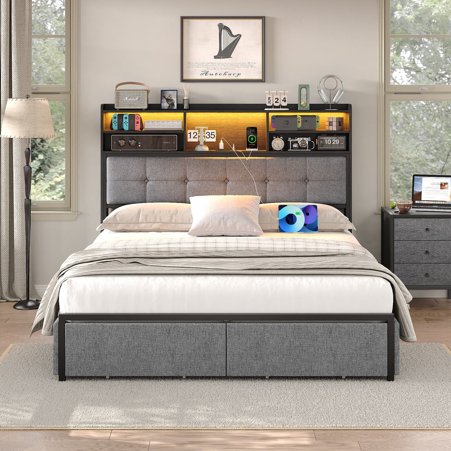 Full LED Bed Frame with LED, USB Charging, Storage Drawers, No Box Spring Needed - Vektaya